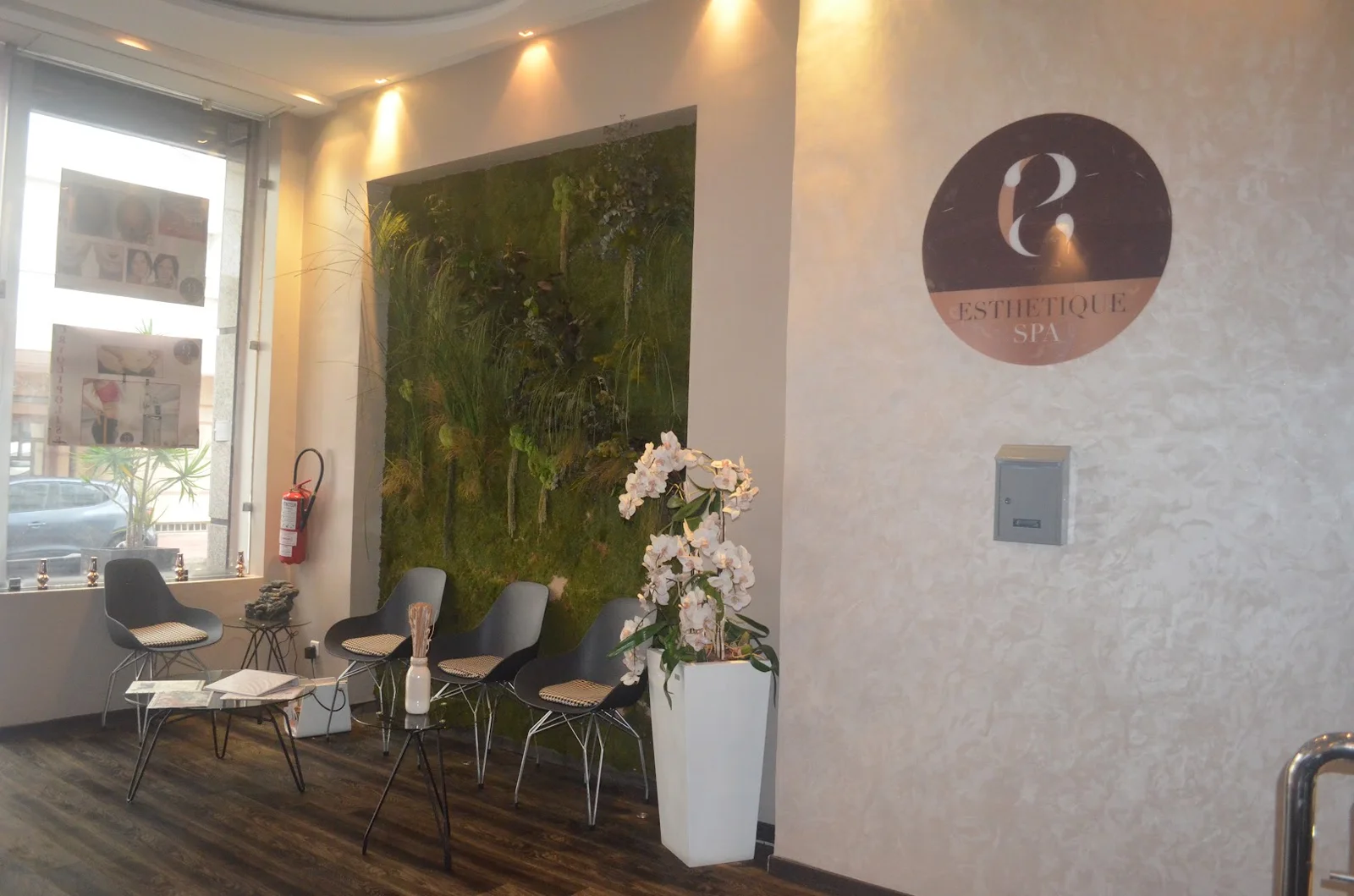Le salon d'accueil et son mur végétal